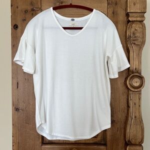 Cupio Ivory/Cream  V-Neck Lace Trim Short Sleeve Top S/P Soft Blend Relaxed Fit